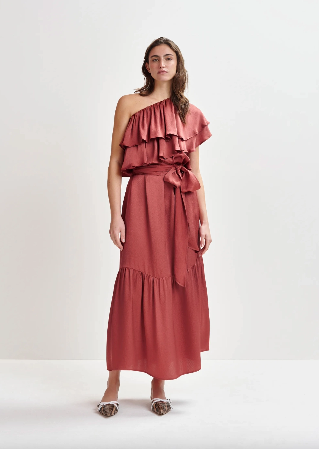 Delicate Edge Essentiel Antwerp Hoenix Asymmetric Dress in Burnt Coral