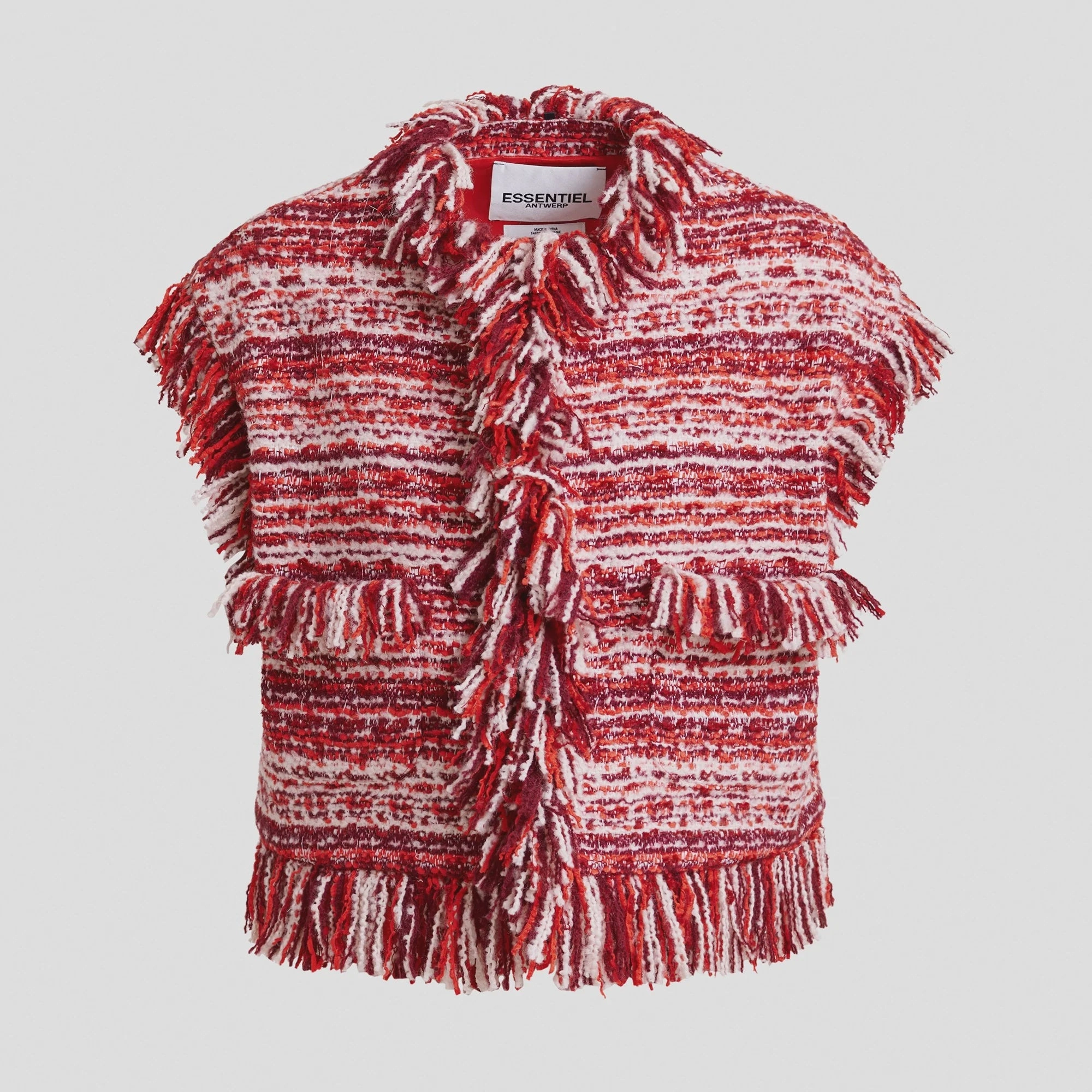 Essentiel Antwerp Ishani Fringed Gilet in Santa Claus QuiltedPattern Quick Access Hidden Pockets