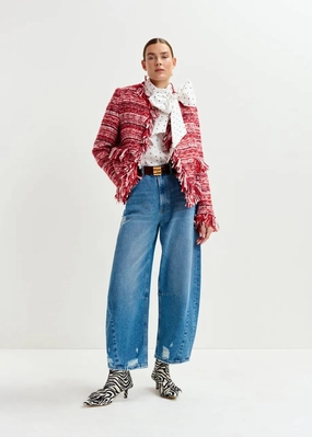 Flexible Joint Articulation Wrinkle Resistant Essentiel Antwerp Iskra Fringed Jacket in Santa Claus