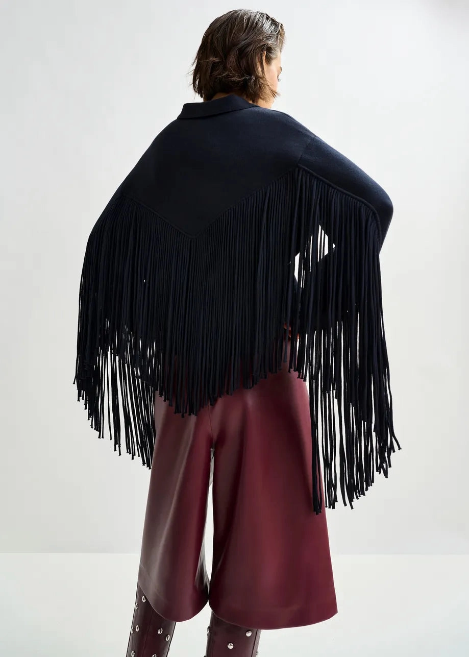 Essentiel Antwerp Istern Jacket with Fringes in Navy Soft Fleece Lining Layered Look