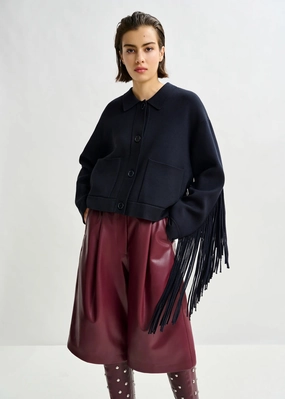 Weatherproof Zipper Closure BreathableLining Essentiel Antwerp Istern Jacket with Fringes in Navy