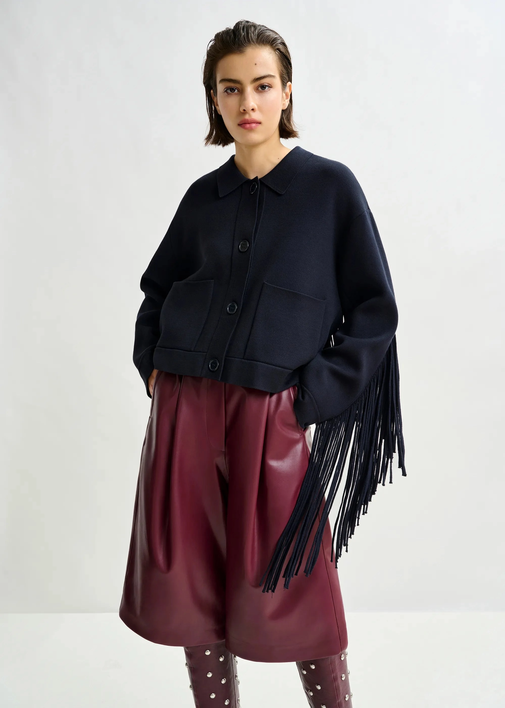 Weatherproof Zipper Closure BreathableLining Essentiel Antwerp Istern Jacket with Fringes in Navy