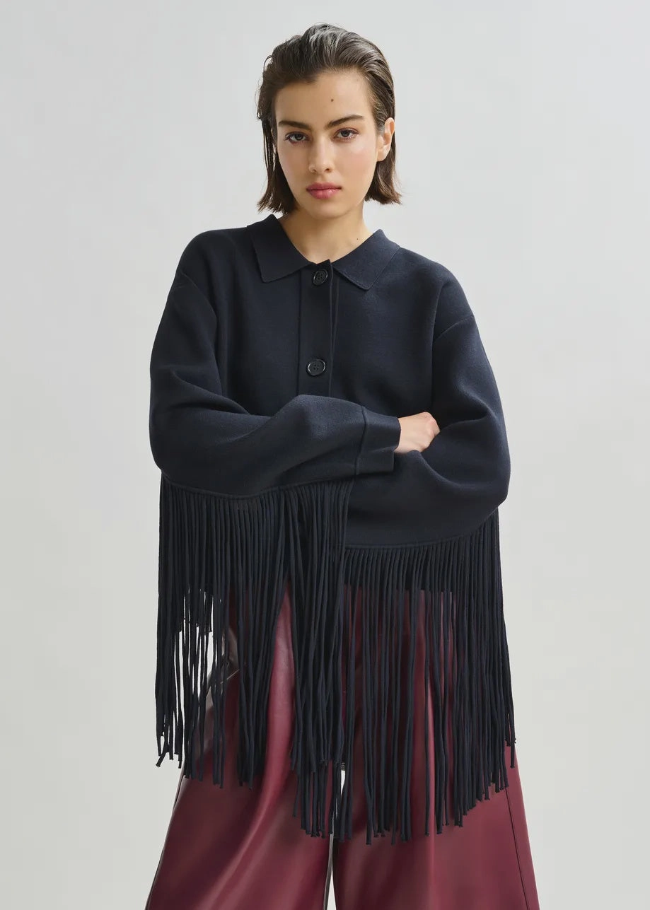 Glossy Finish Sealed Seams Essentiel Antwerp Istern Jacket with Fringes in Navy