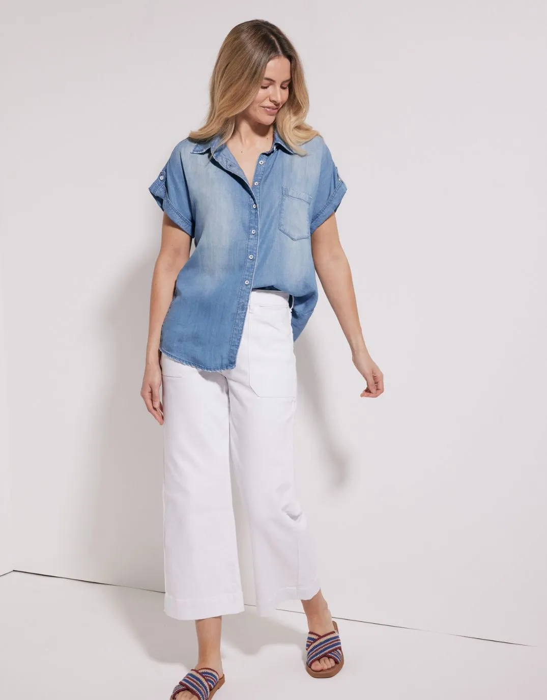 Lightweight Material Cool Comfort Amber Vintage Denim Short Sleeve Shirt - Chambray