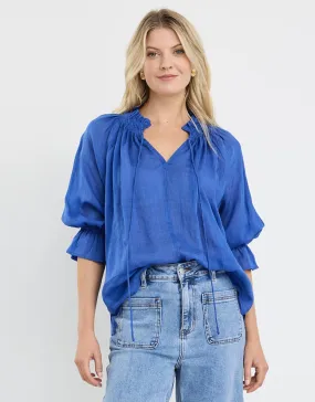 Military Inspired Eco Dye Technique Expedition Shirred Neck Short Sleeve Top - Blue