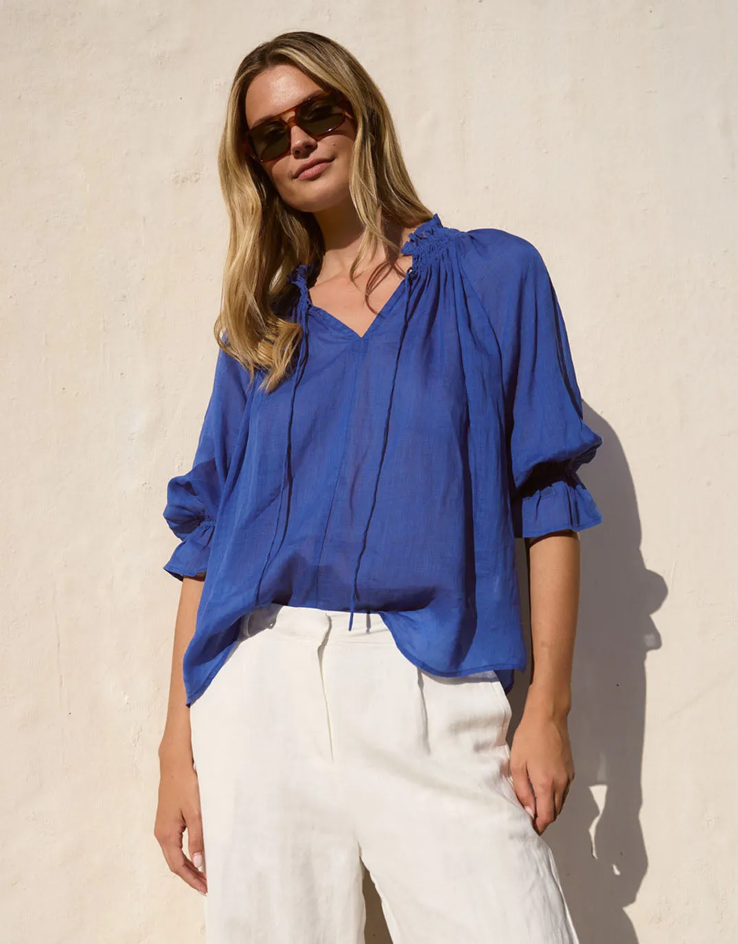 Expedition Shirred Neck Short Sleeve Top - Blue Vibrant Colors