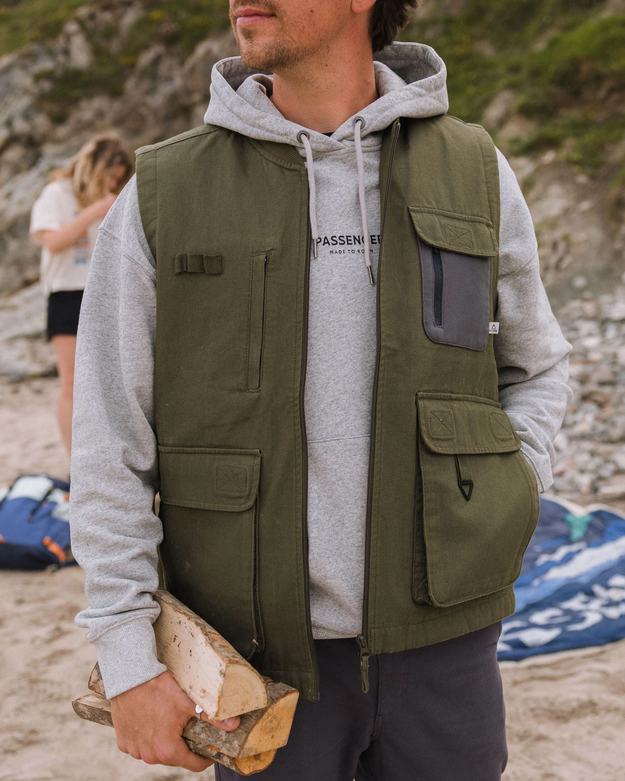 Explorers Organic Cotton Canvas Gilet - Khaki Soft Interior Brushing Temperature Regulating Fill