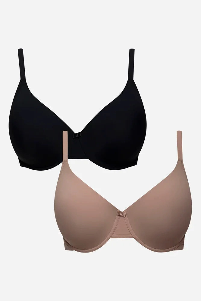 Triple stitching seams Plus Size 2 Pack T-Shirt Bras Black And Natural