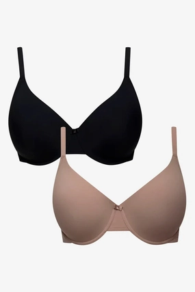 Wide Elastic Band Flexible Shoulder Straps Plus Size 2 Pack T-Shirt Bras Black And Natural