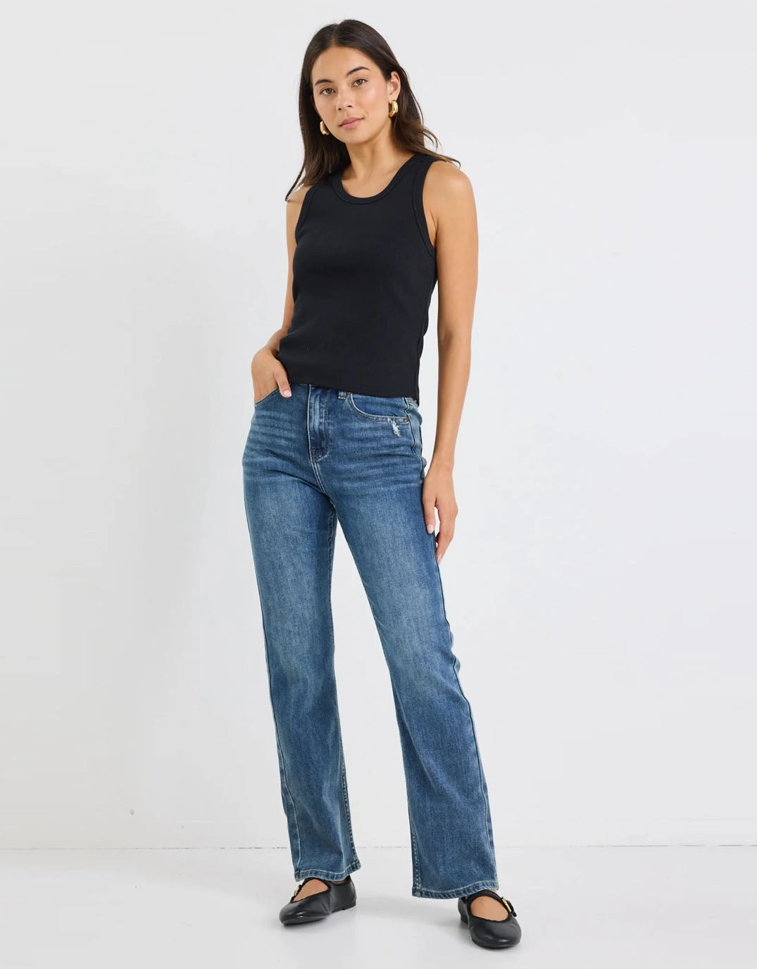 Farah High Rise Straight Leg Jeans - Mid Blue Simple Wear