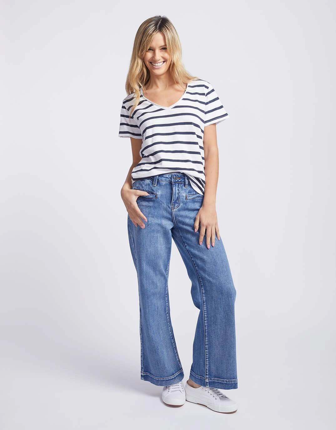 Original V Neck T-Shirt - Navy/White Stripe print design