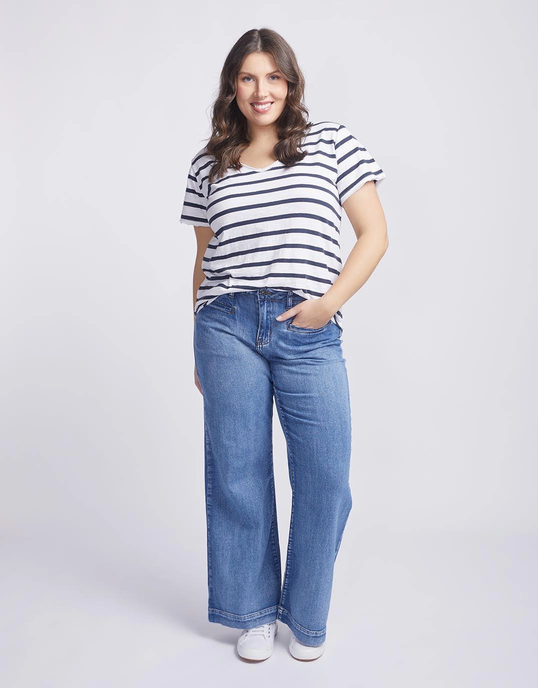 Original V Neck T-Shirt - Navy/White Stripe Garment Dyed Finish