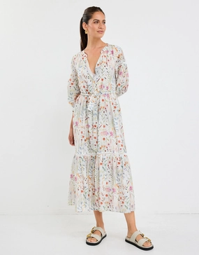 Relaxed work dress Wisdom Balloon Sleeve Midi Shirt Dress - Cream Floral