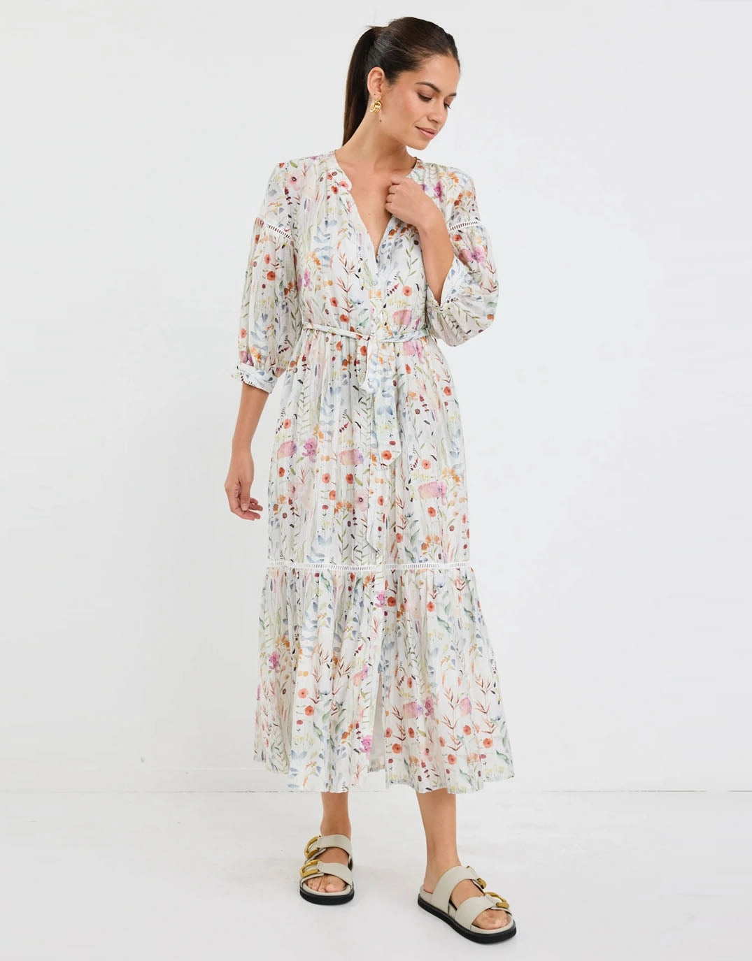 FoldablePackaging Quick Outfit Wisdom Balloon Sleeve Midi Shirt Dress - Cream Floral