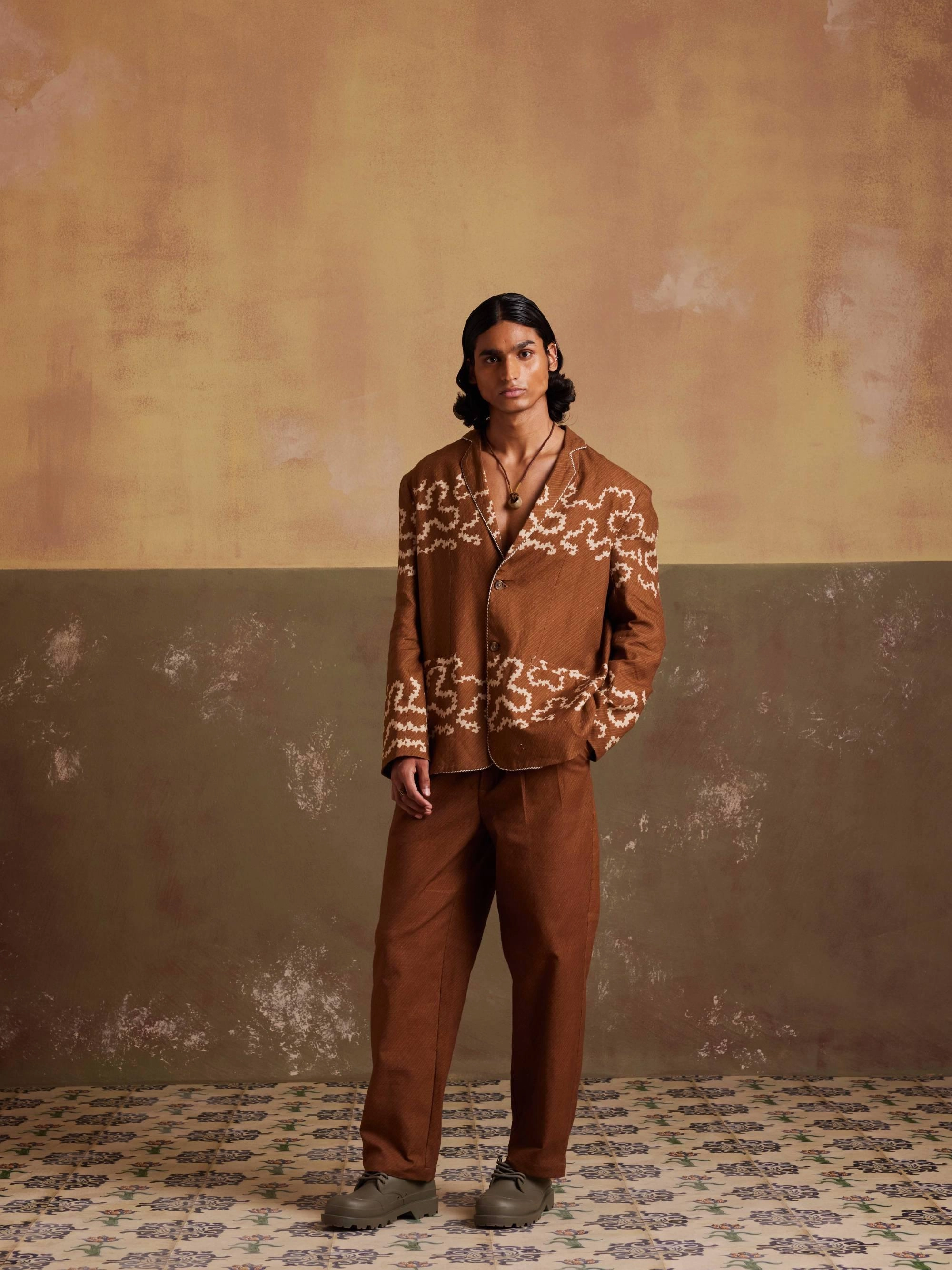 Oversized Blazer Set Zippered Vents Cotton Twill