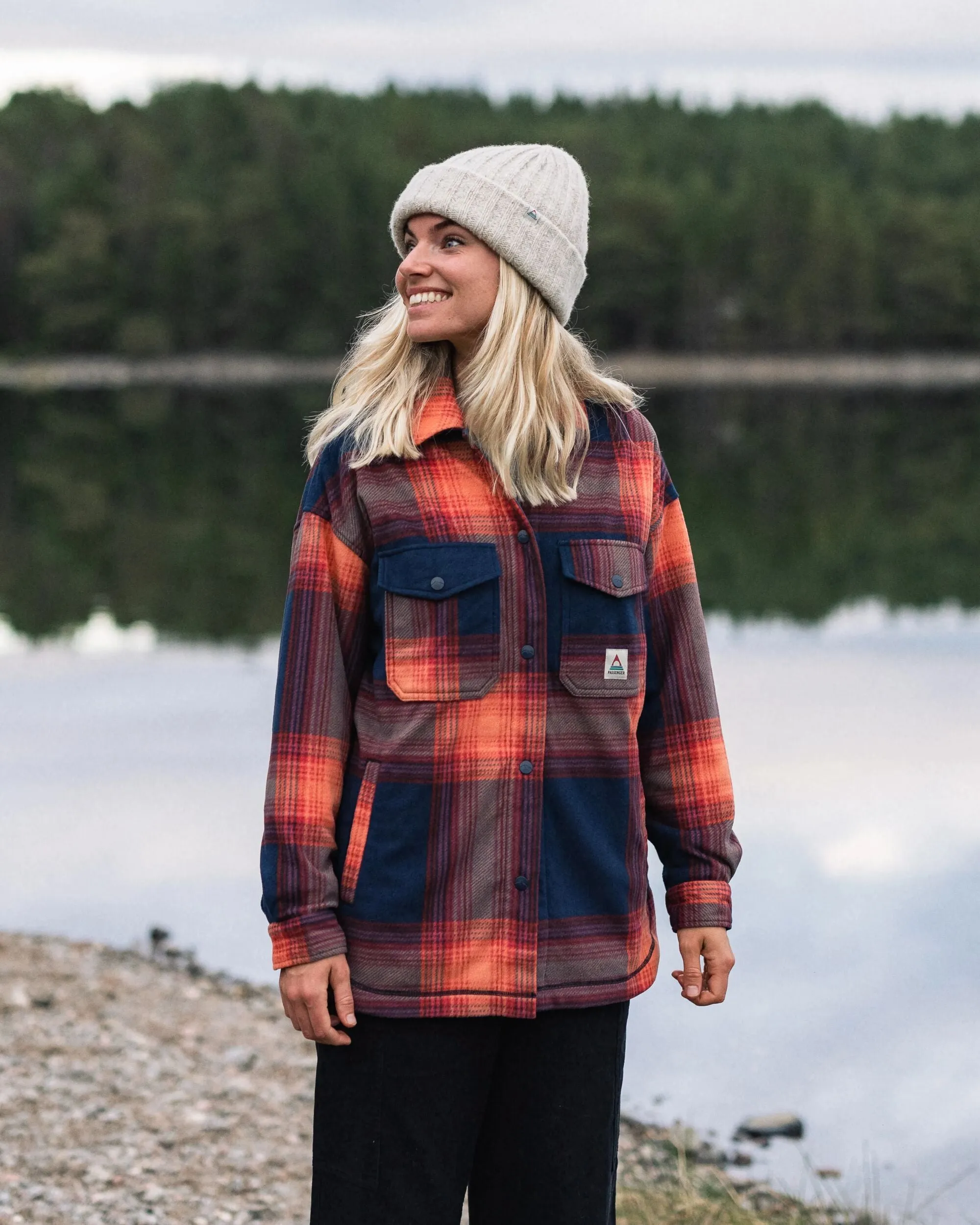 East Recycled Polar Fleece Shirt - Rich Navy/ Red Ochre Check Lightweight Weave Flexible Movement
