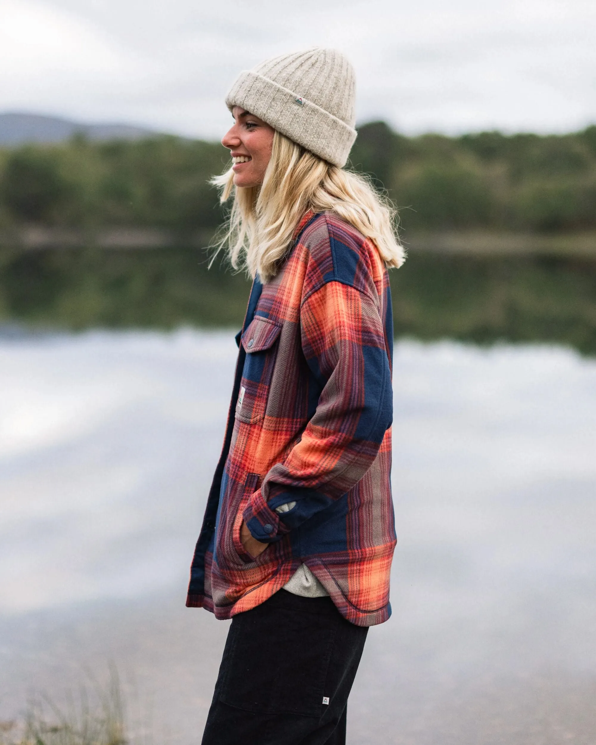 East Recycled Polar Fleece Shirt - Rich Navy/ Red Ochre Check Sustainable Material Thermoregulating Fabric