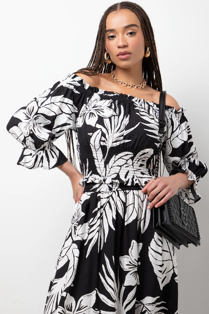 Bonded Seam Technique ThermalRegulating Leaf Off The Shoulder Three  Quarter Sleeve Top Black