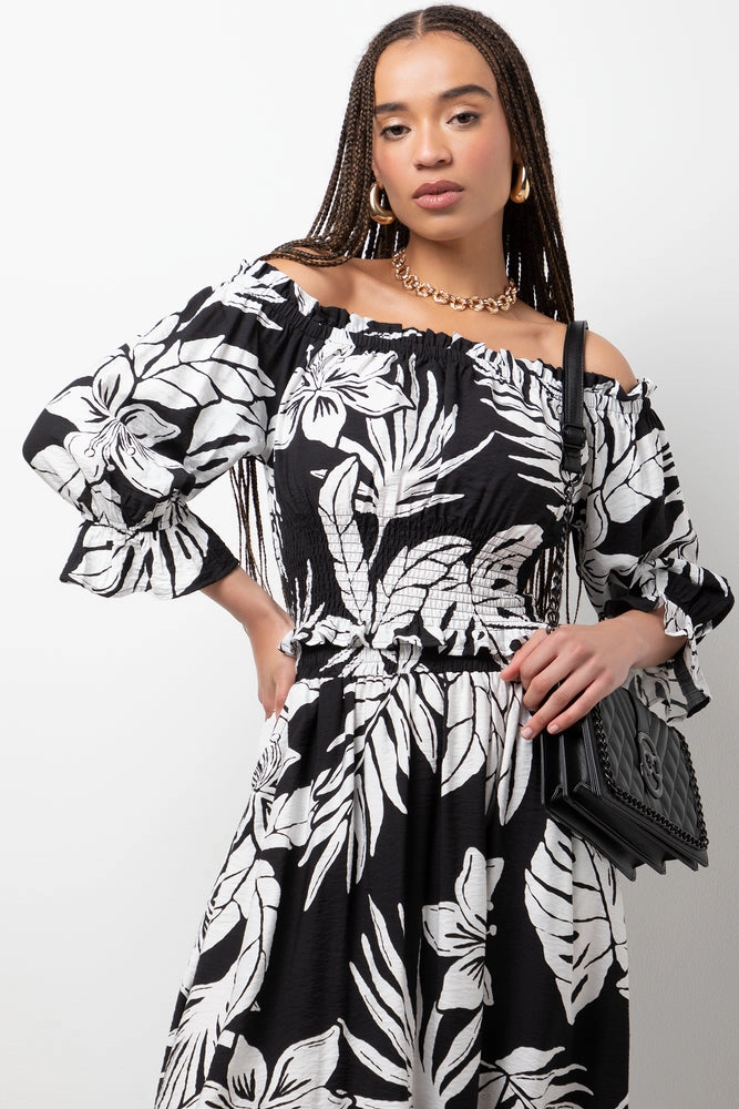 Leaf Off The Shoulder Three  Quarter Sleeve Top Black TearResistantWeave Fade Resistant Finish