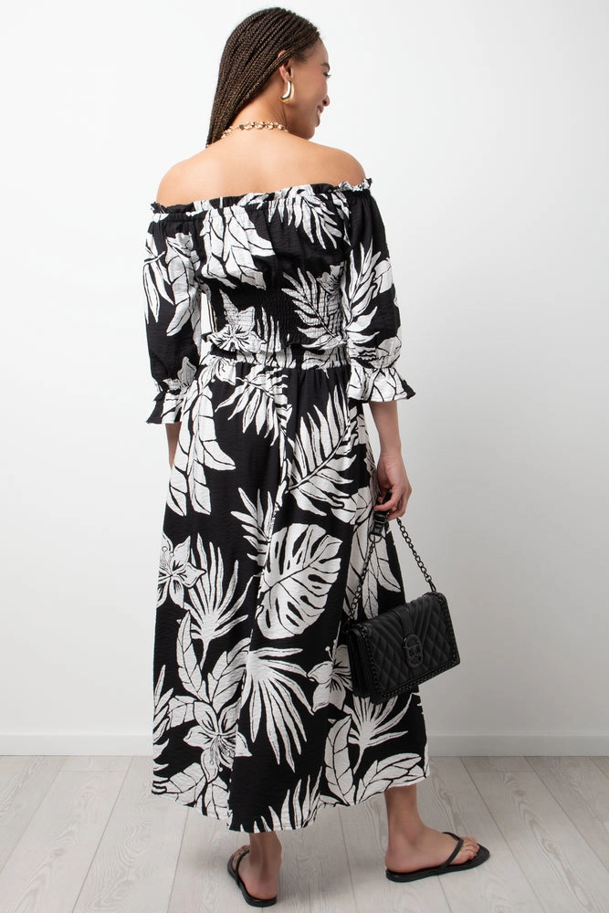 Leaf Off The Shoulder Three  Quarter Sleeve Top Black Buttery Soft Handfeel