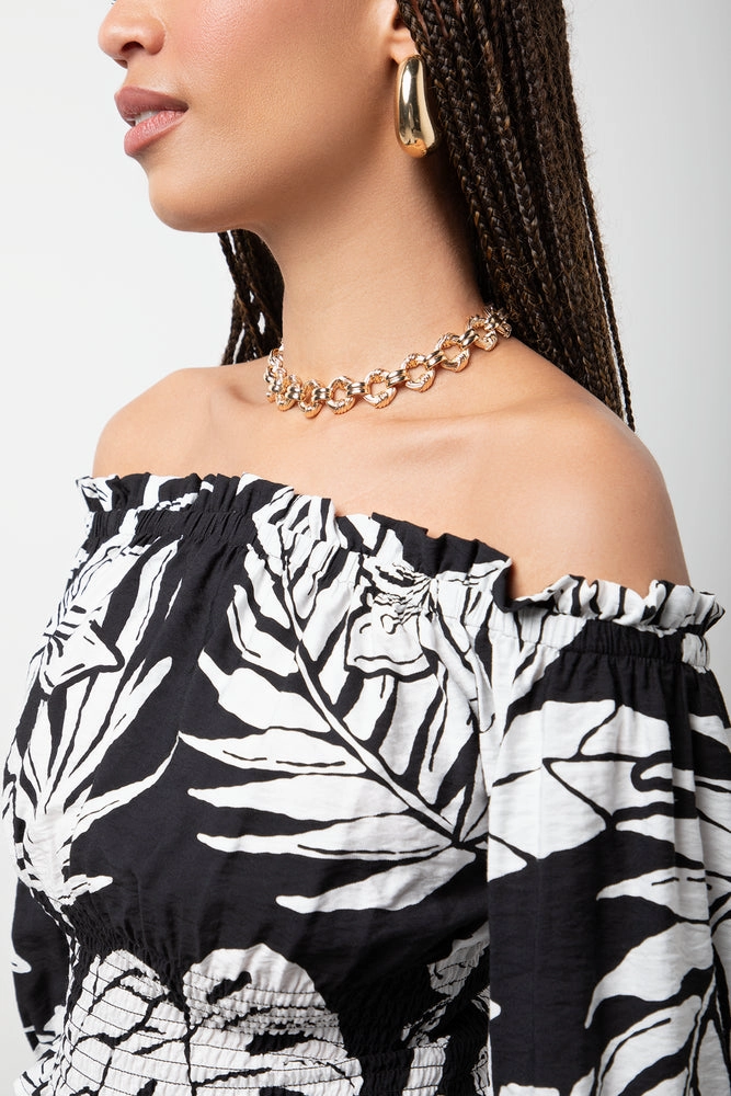 Leaf Off The Shoulder Three  Quarter Sleeve Top Black Everyday Look Flexible Knit Blend