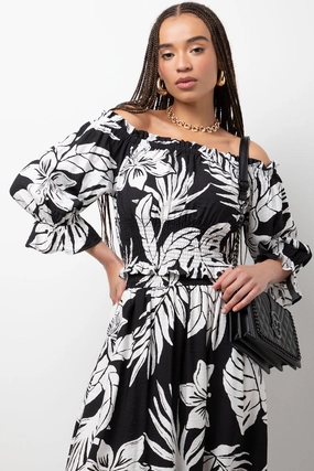 Leaf Off The Shoulder Three  Quarter Sleeve Top Black TearResistantWeave Fade Resistant Finish