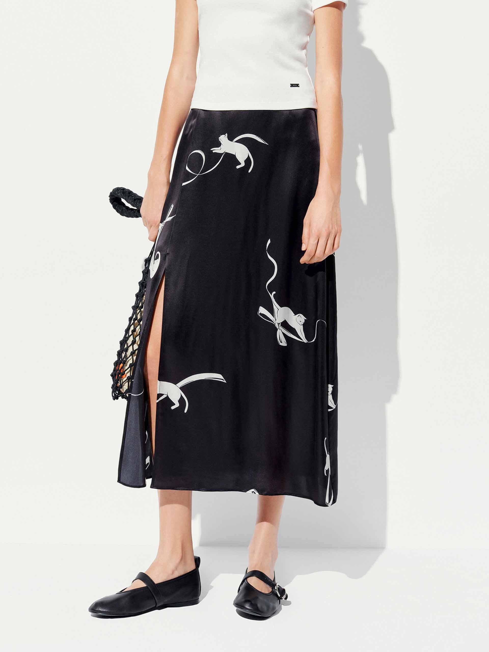 Refined Mood beaded embellishment Cat Pattern Satin Skirt