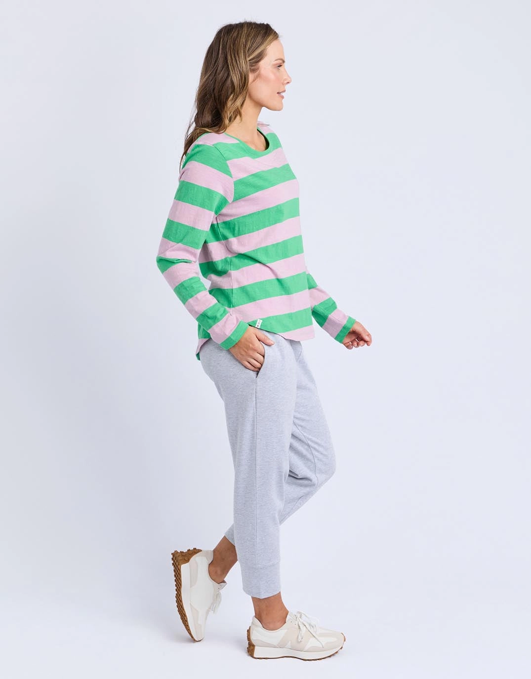 yoga clothing Spritz Stripe Long Sleeve Tee - Spring Green/Dusk Pink Stripe