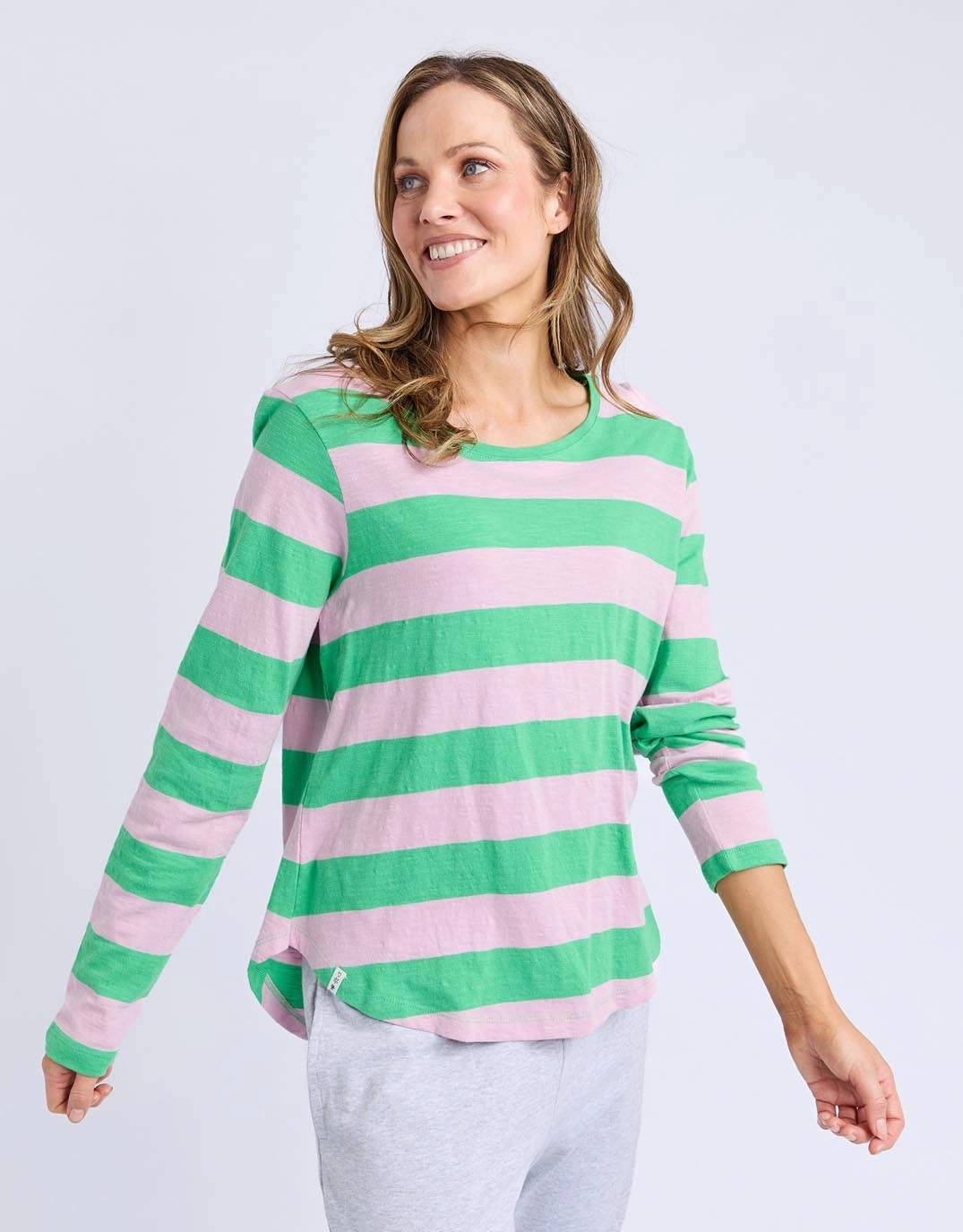 Spritz Stripe Long Sleeve Tee - Spring Green/Dusk Pink Stripe EcoFriendlyMaterial