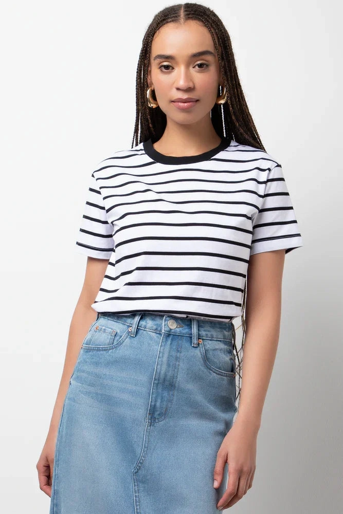 Compact Stitching Anti Pilling Fabric Stripe Crew Neck Short Sleeve T-Shirt White And Black
