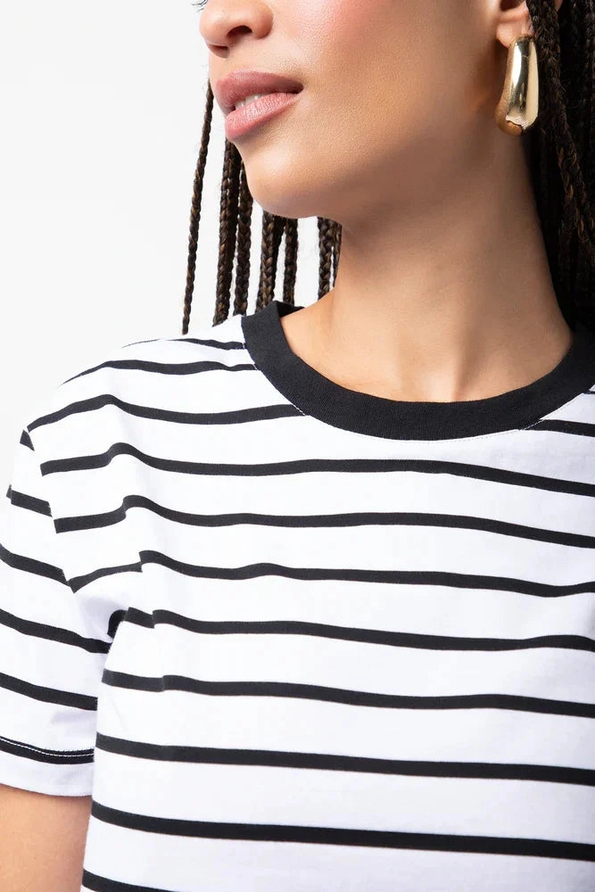 NoTagLabel Anti Static Treatment Stripe Crew Neck Short Sleeve T-Shirt White And Black