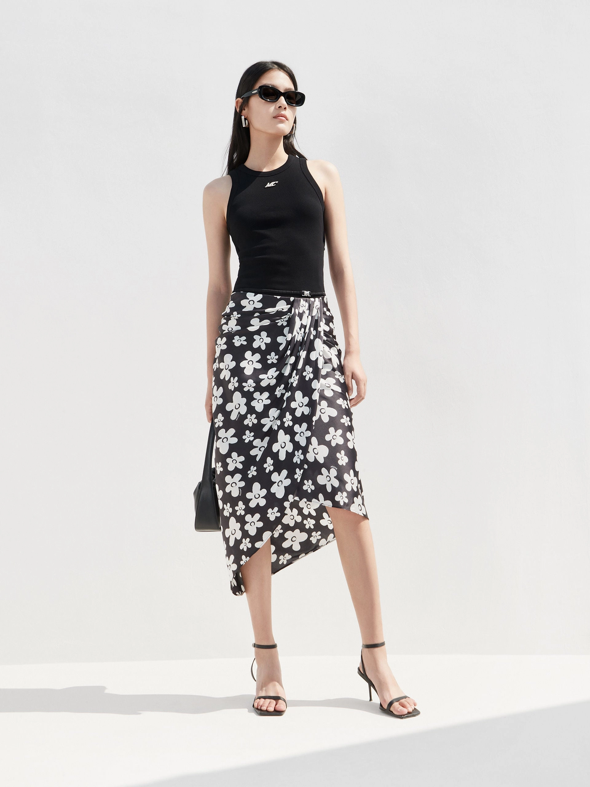 Flower Print Overlap Skirt Waist Defining Floor Length