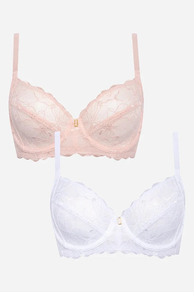 2 Pack Lace Non Padded Underwire Bra Natural And White Stretchy Support High-intensity workouts
