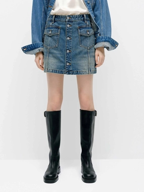 Machine washable Front Button Denim Skirt