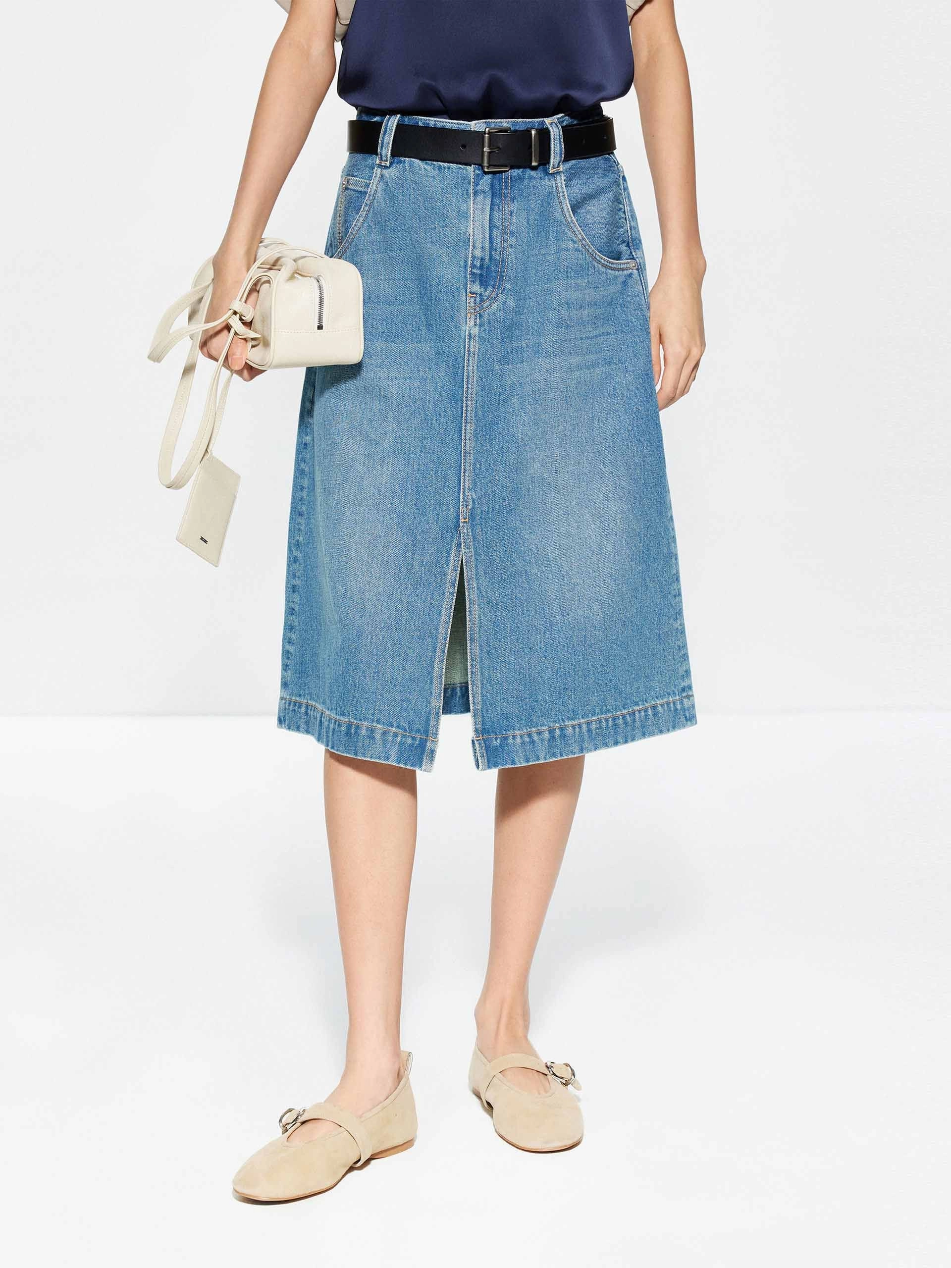 Street Look High End Quality Front Slit Cotton Denim Skirt