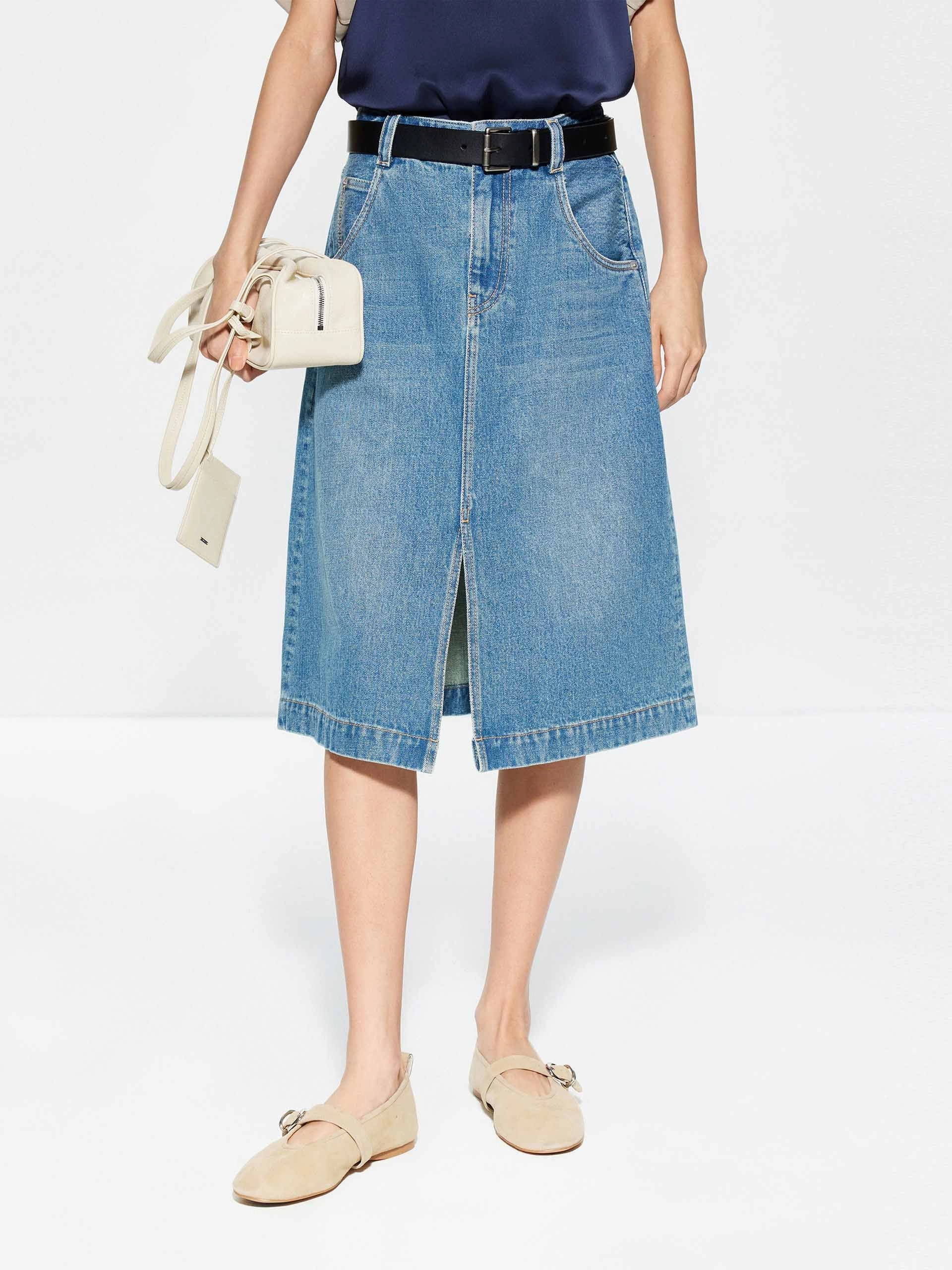 Front Slit Cotton Denim Skirt Budget Friendly