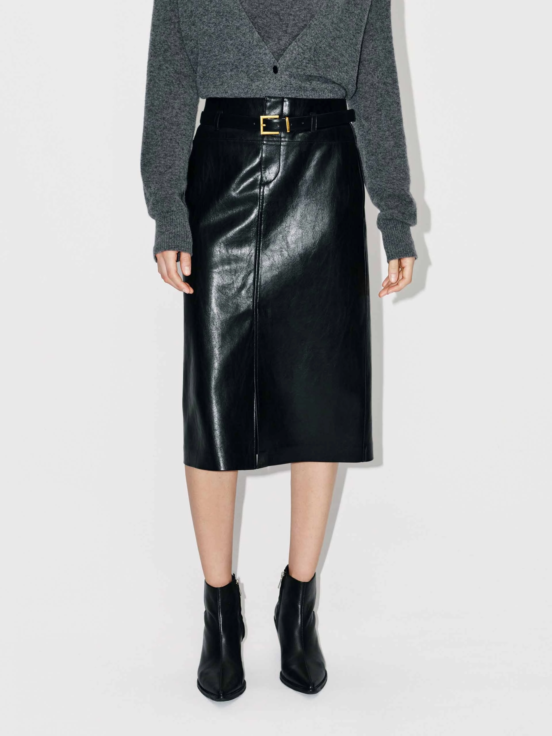 Pleated Construction Front Slit Leather Midi Skirt