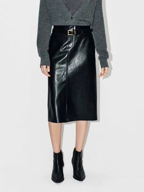 Pleated Construction Front Slit Leather Midi Skirt