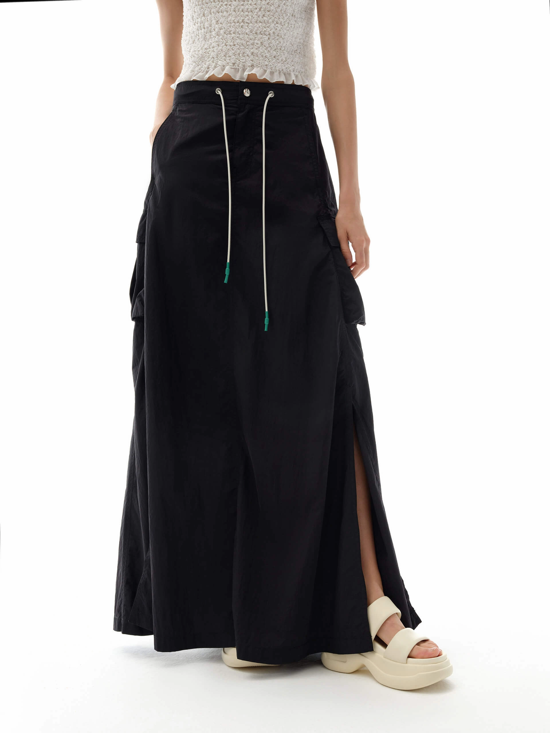 Refined Finish Drawstring Waist Maxi Skirt