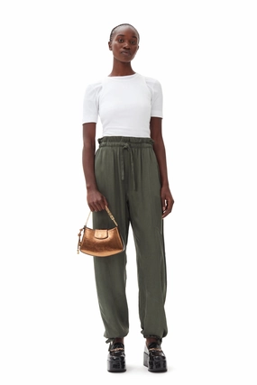 GANNI F9556 Washed Satin Elasticated Waist Pants in Climbing Ivy Fashionable Appeal