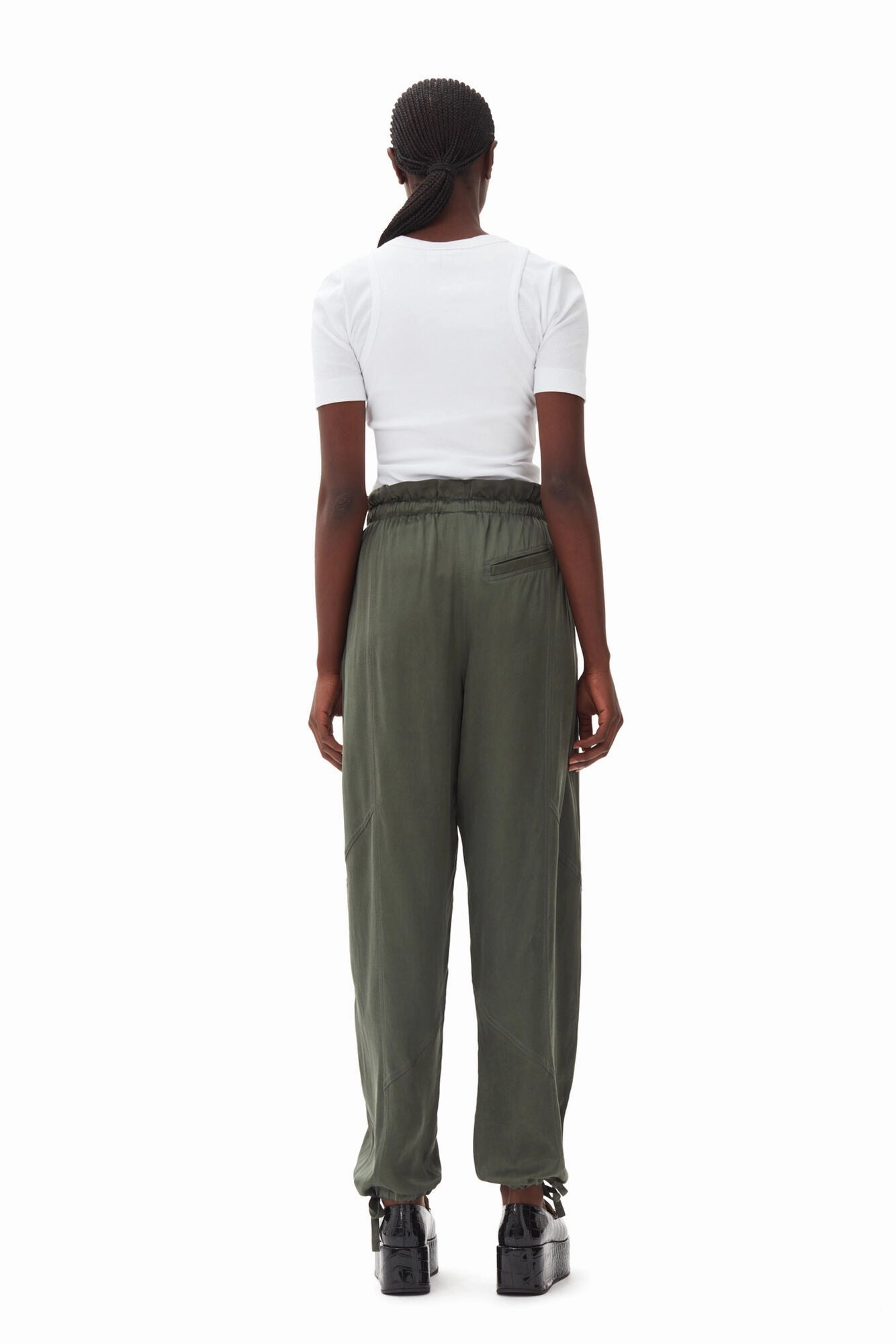 GANNI F9556 Washed Satin Elasticated Waist Pants in Climbing Ivy Trendy Vibe Quick Fit Wear