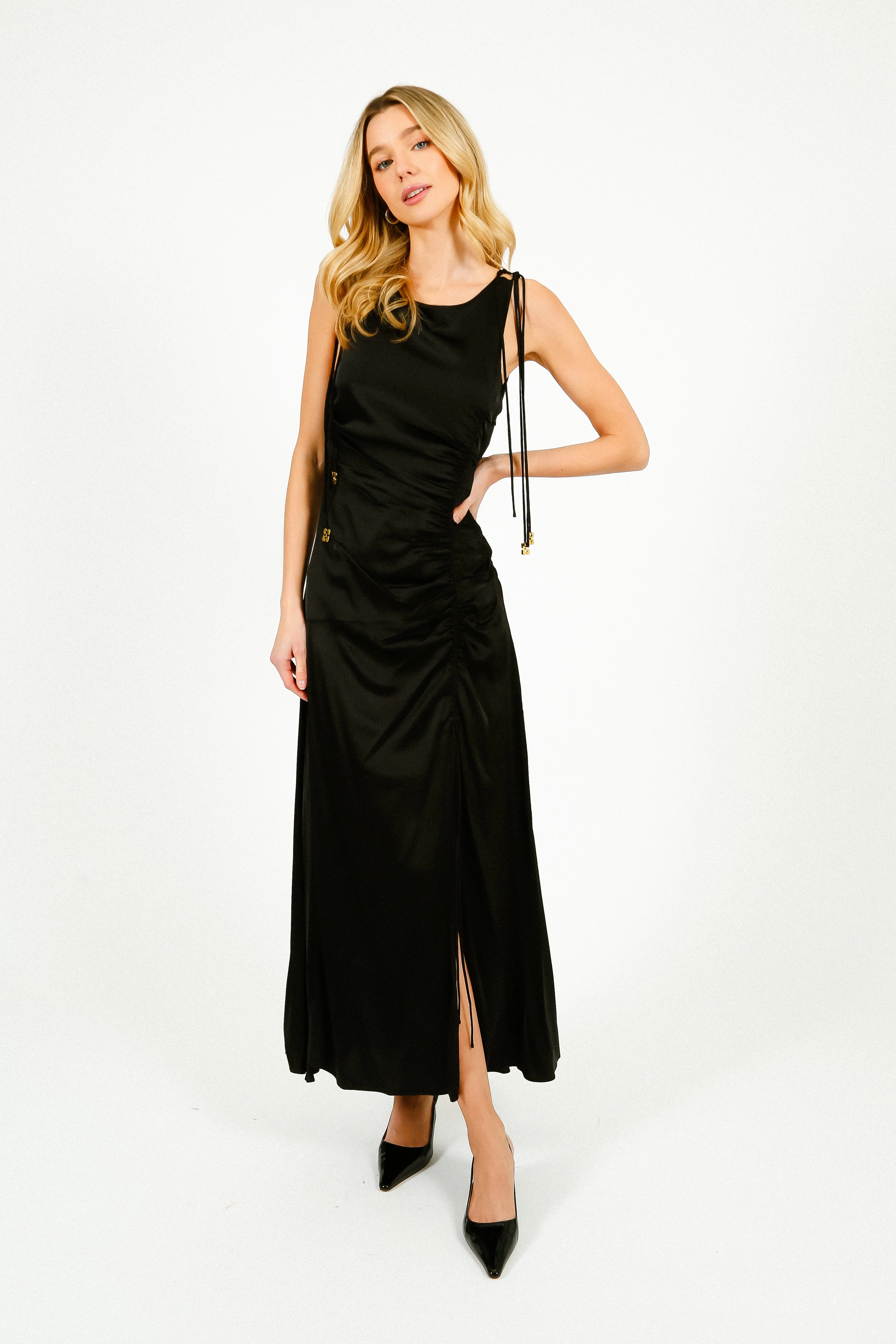 Smooth Flow GANNI W0381 Solid Satin Gathered Long Dress in Black