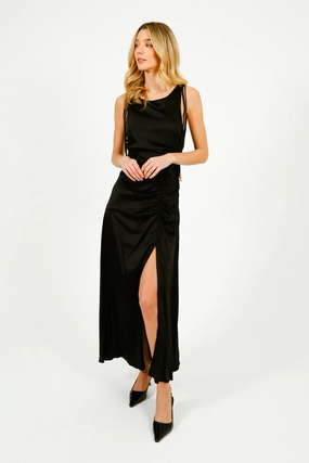 GANNI W0381 Solid Satin Gathered Long Dress in Black LightweightMaterial