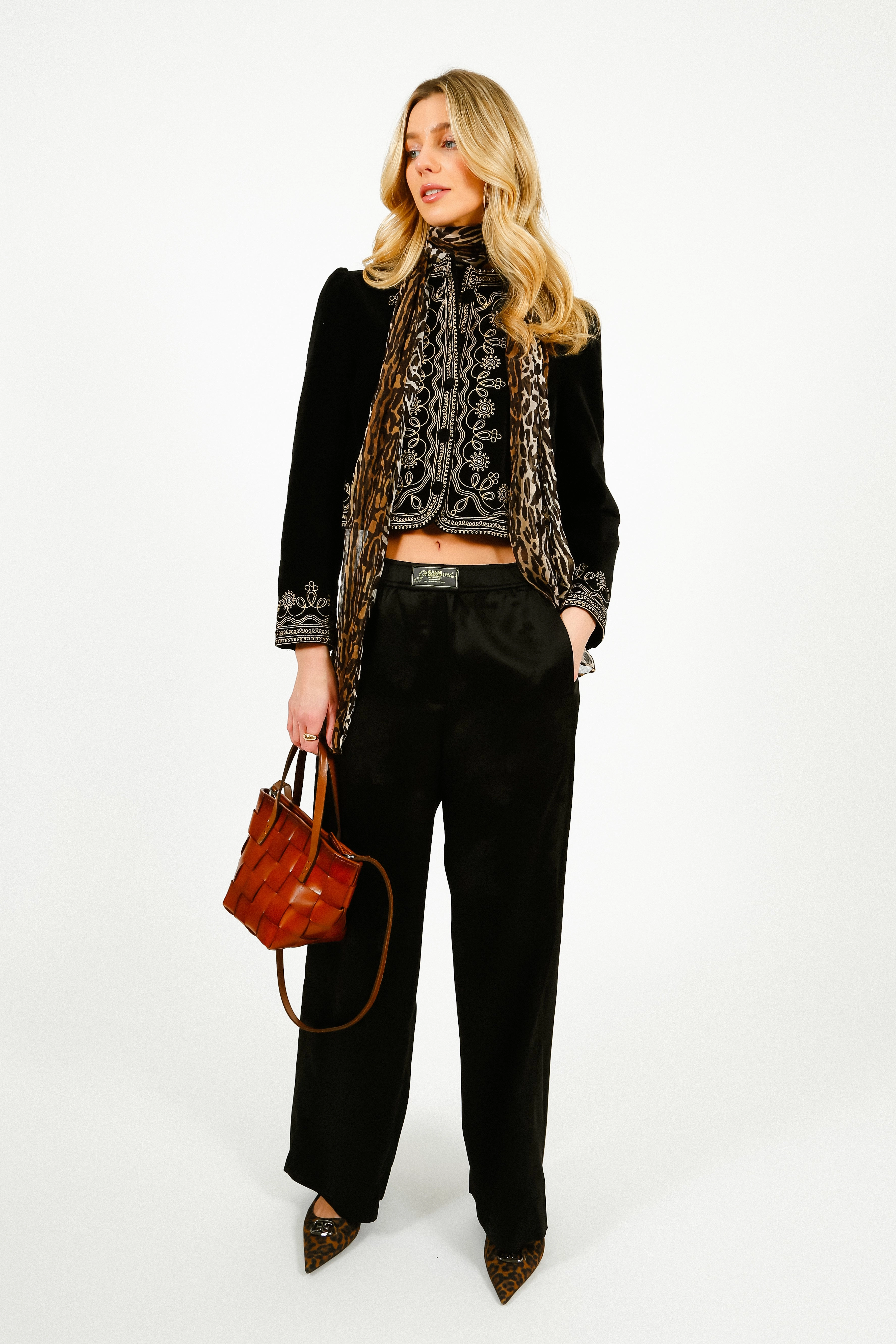 NonSlipGrip GANNI W0383 Fluid Satin Jacquard Elasticated Pants in Black