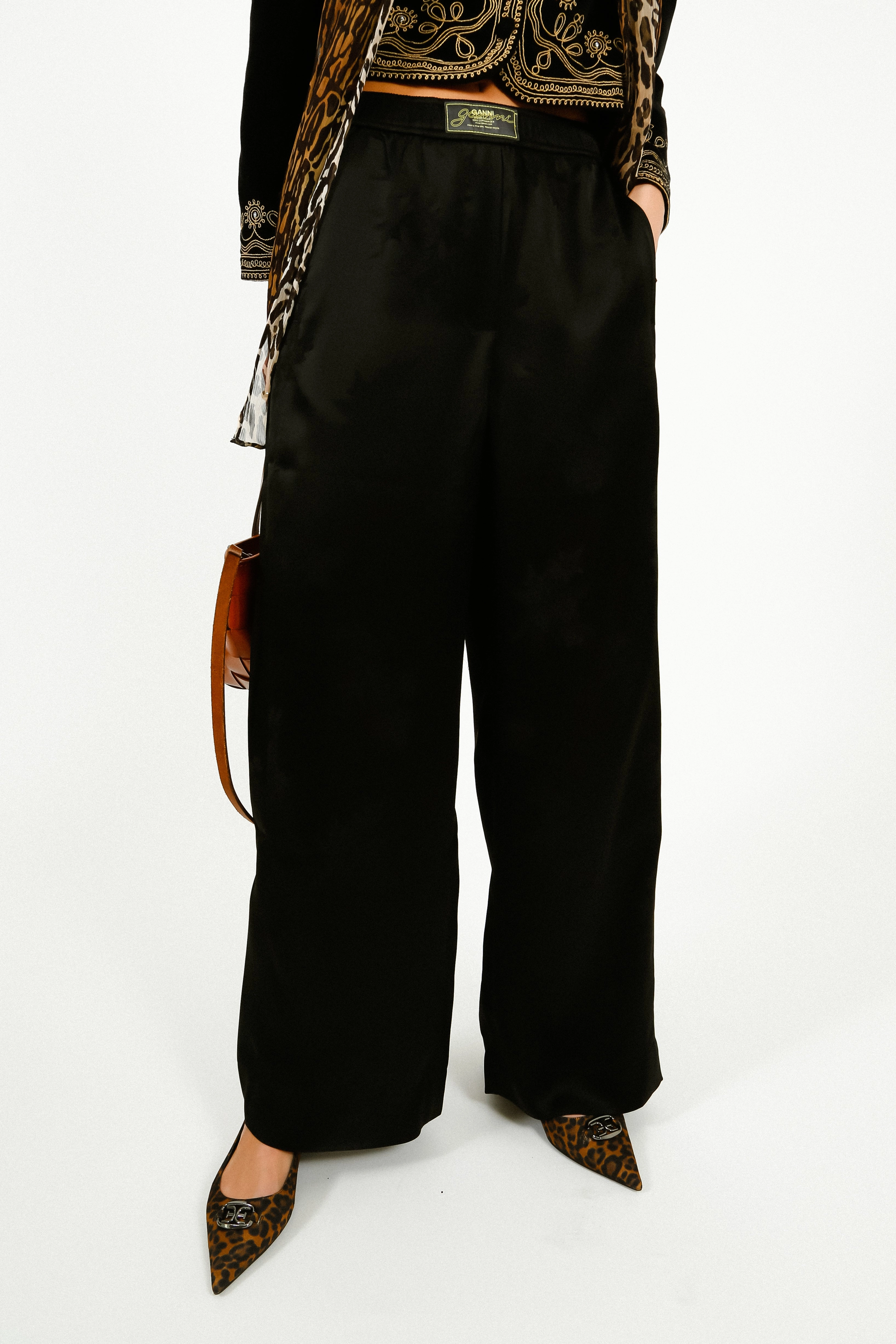 Ultra Soft Inner Layer Boho chic GANNI W0383 Fluid Satin Jacquard Elasticated Pants in Black