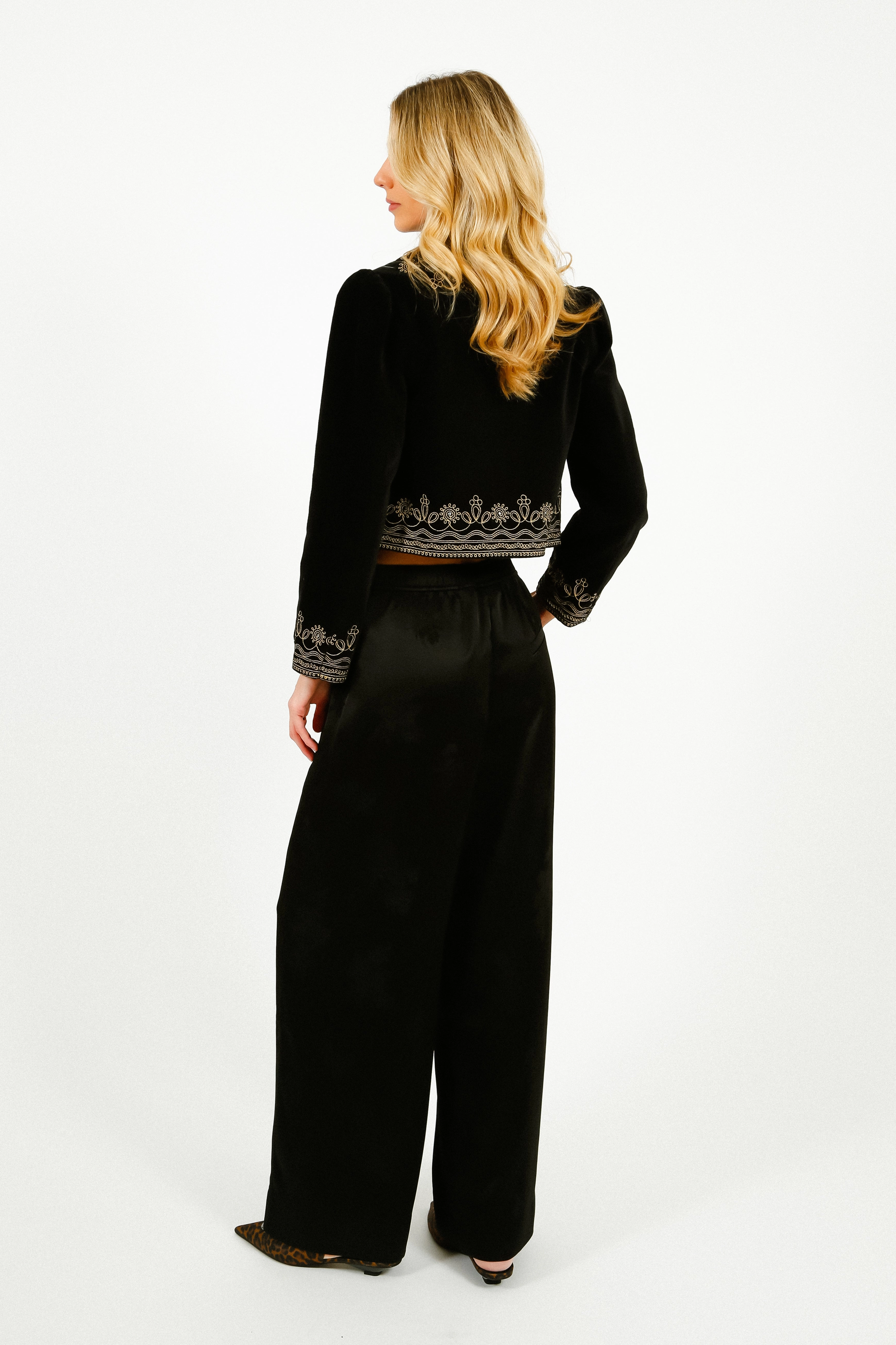 GANNI W0383 Fluid Satin Jacquard Elasticated Pants in Black Basic Look Slim Look
