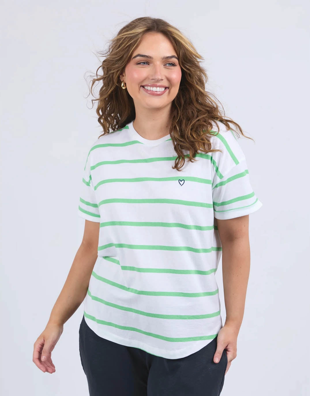 Halli Tee - White/Spring Green Stripe Sustainable Production Process