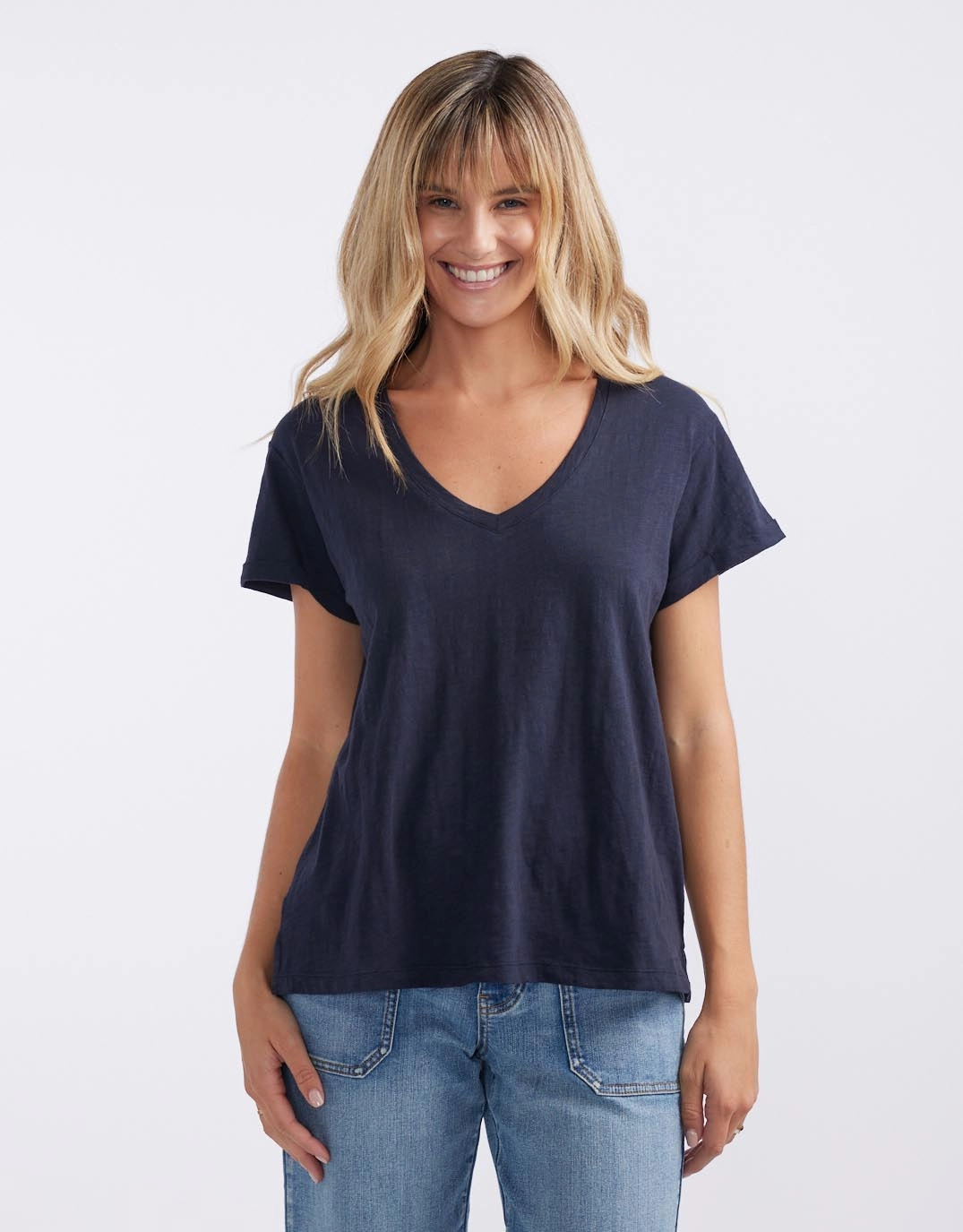 Summer Ready Premium Cotton Turn Back V Neck T-Shirt - Navy
