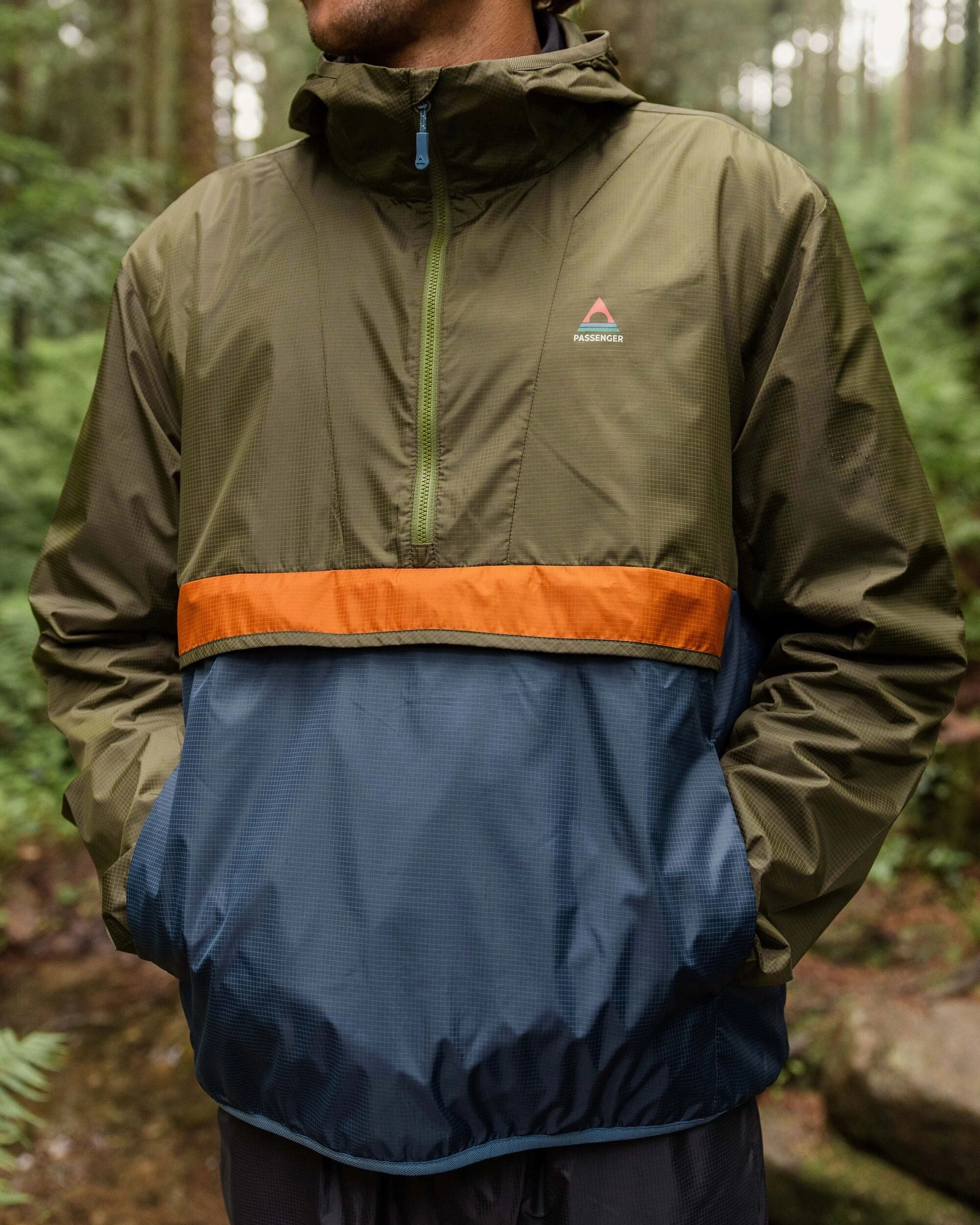Gusto Recycled Windshell Anorak - Khaki/Dark Denim Hypoallergenic fabric Lightweight Windbreaker Tech