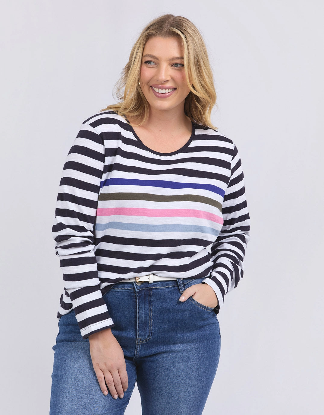 Harmony Long Sleeve Tee - Navy/White Stripe Cozy Vibe Wear Classic Layer
